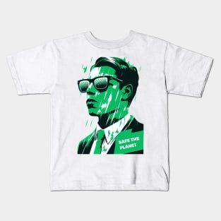 Save the Planet with Our Abstract White and Green Climate Activist Man Face Portrait Design Kids T-Shirt